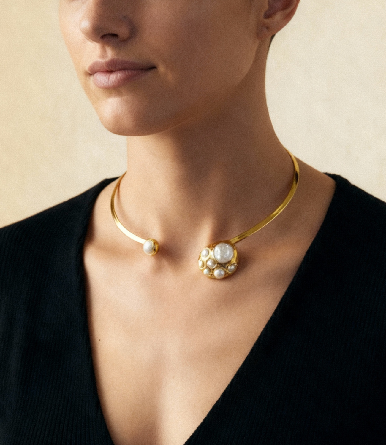 Open Gold Necklace with Pearls – 18K Gold Plated Choker with Natural Pearls