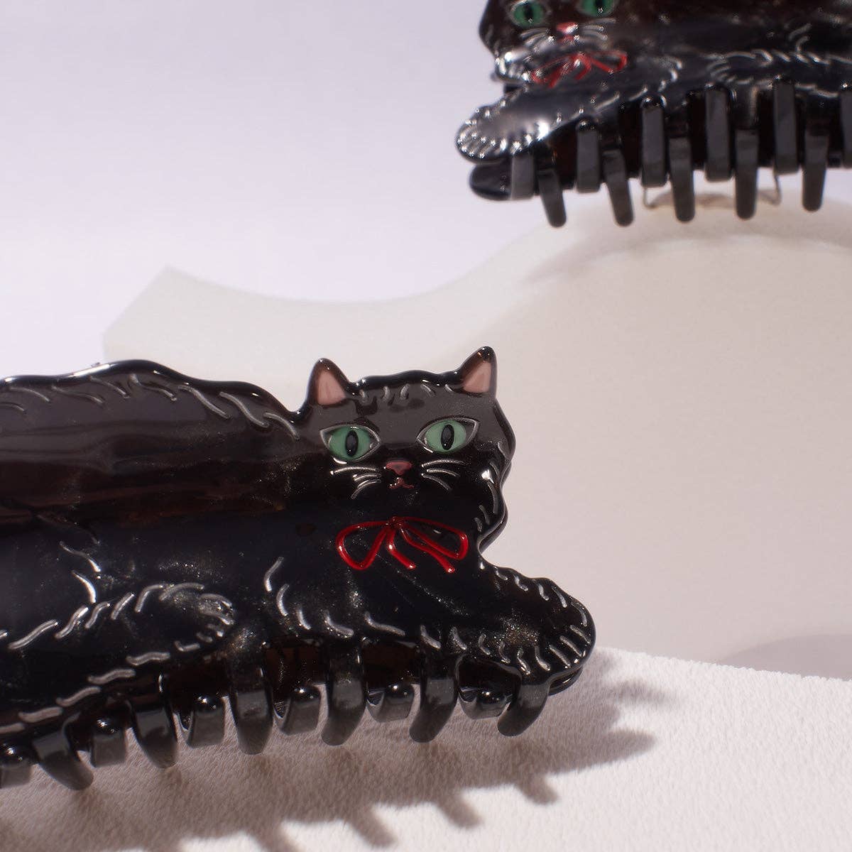 Black Shimmering Cute Kitty Cat Hair Claw with Red Bow - Lalka Beauty Co.