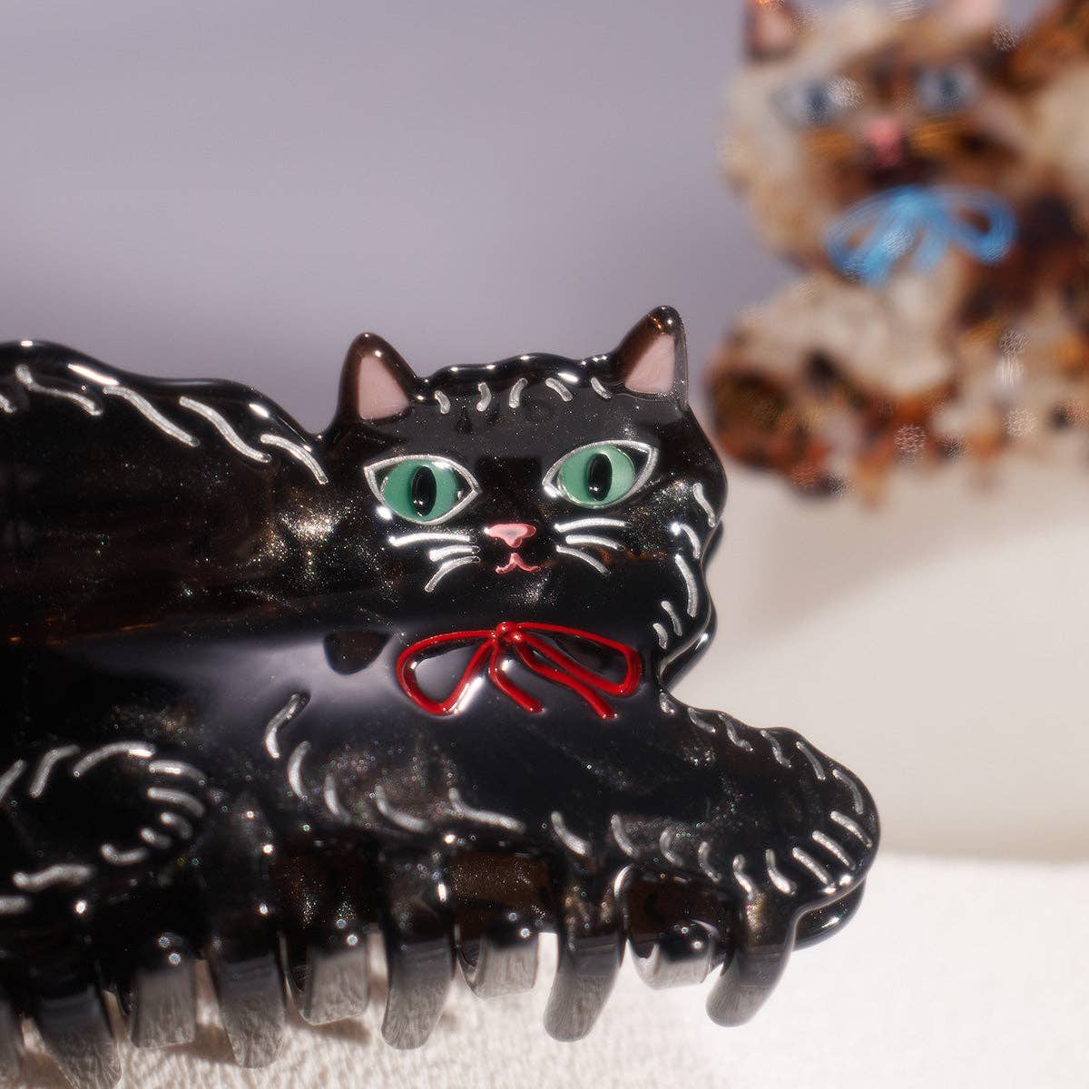 Black Shimmering Cute Kitty Cat Hair Claw with Red Bow - Lalka Beauty Co.