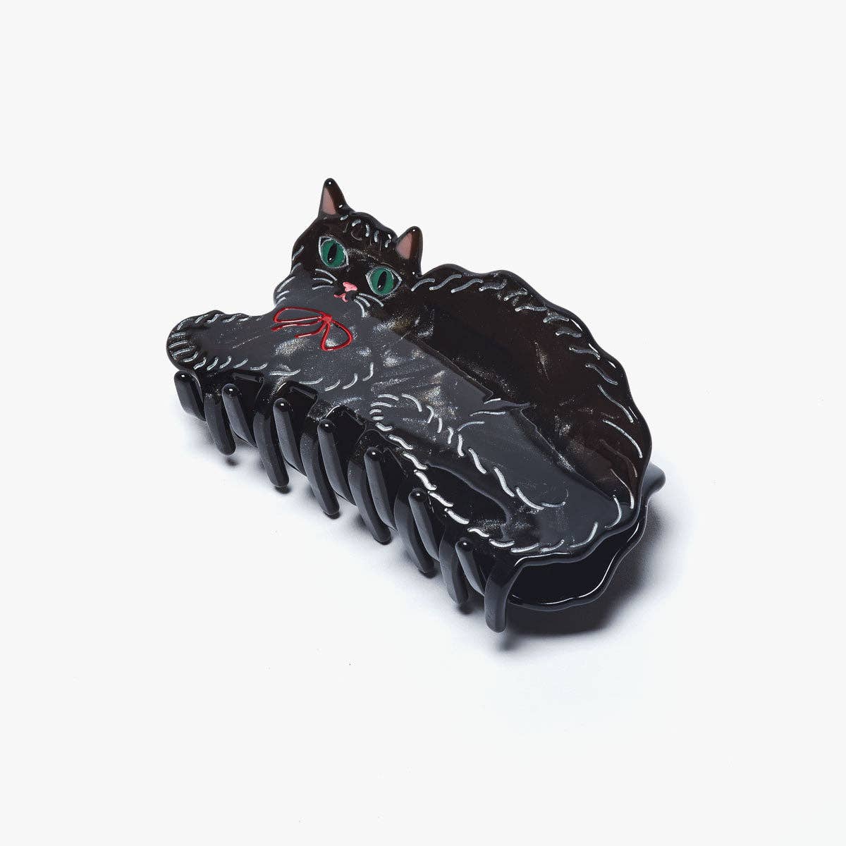 Black Shimmering Cute Kitty Cat Hair Claw with Red Bow - Lalka Beauty Co.