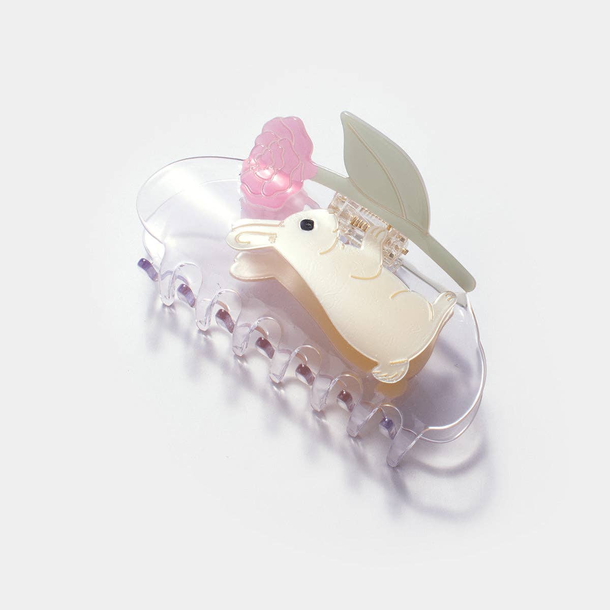 Cream Bunny Rabbit with Pink Peony Flower Acetate Hair Claw - Lalka Beauty Co.