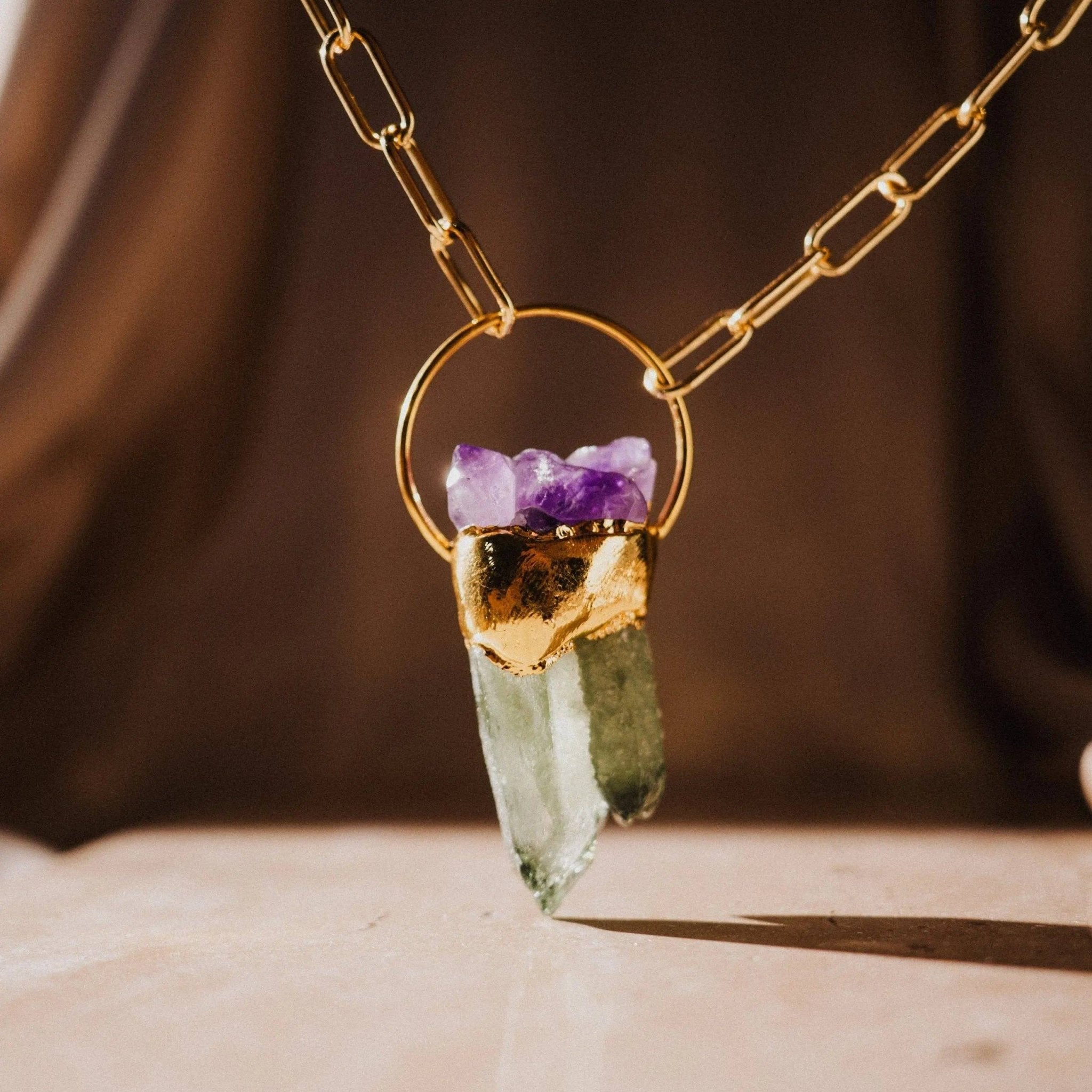 Fluorite and Amethyst pendant gold chain necklace - Lalka Beauty Co.