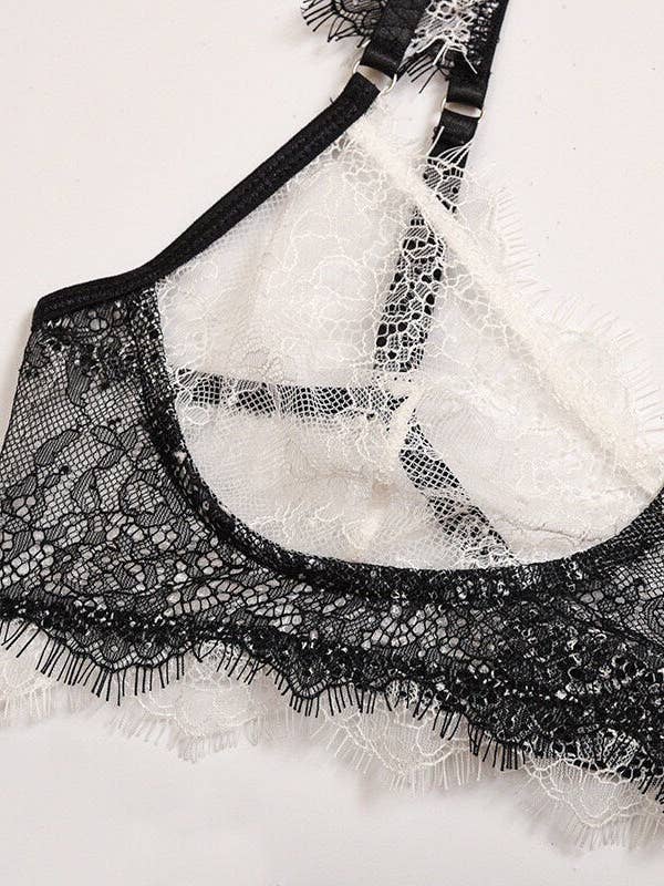 Black and White Lace Lingerie 3 piece set with garter belt bridal, date night, boudoir