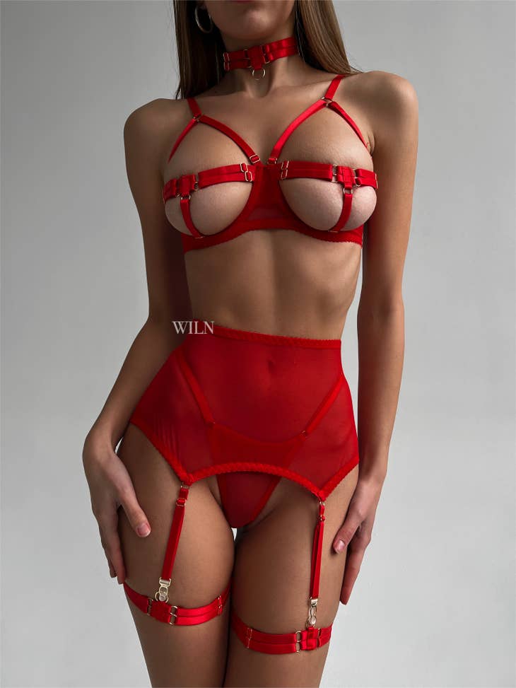 "FLAME" 4 piece red lingerie tie up set
