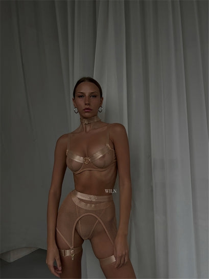 RAVENOUS beige mesh strappy lingerie set boudoir