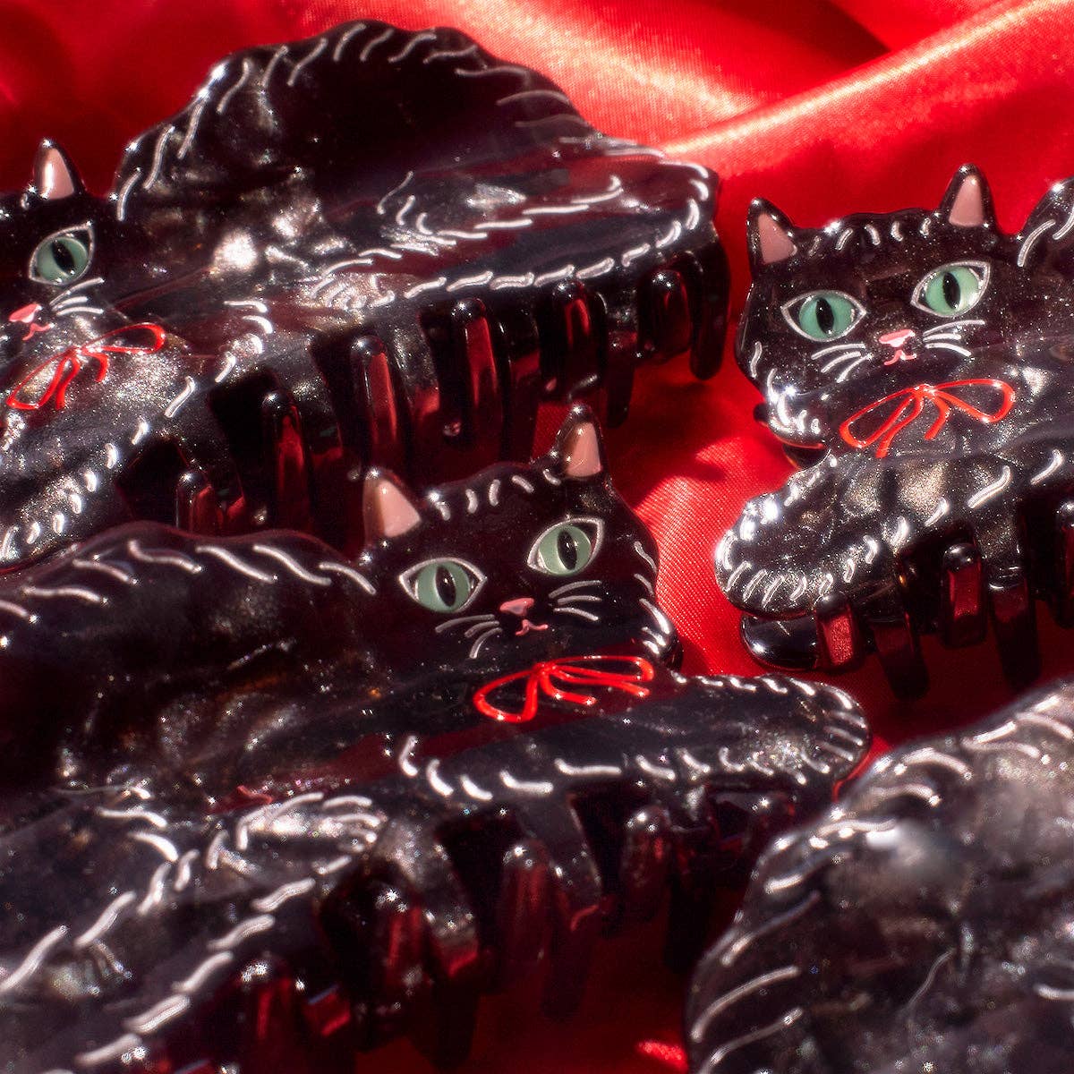 Black Shimmering Cute Kitty Cat Hair Claw with Red Bow - Lalka Beauty Co.