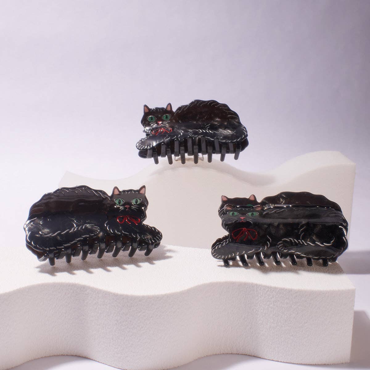 Black Shimmering Cute Kitty Cat Hair Claw with Red Bow - Lalka Beauty Co.
