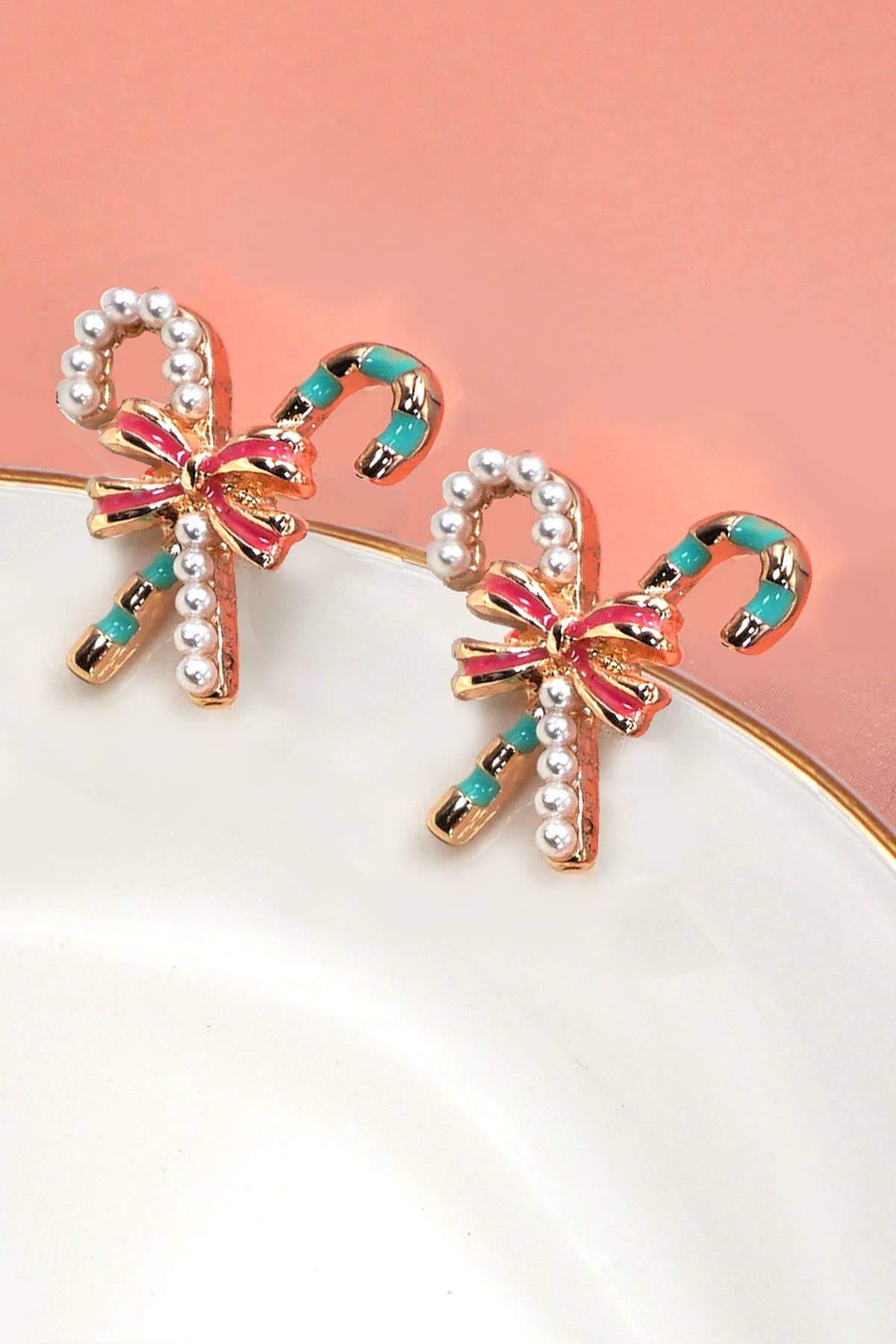 CHRISTMAS CANDY CANE PEARL BOW STUD EARRINGS - Lalka Beauty Co.