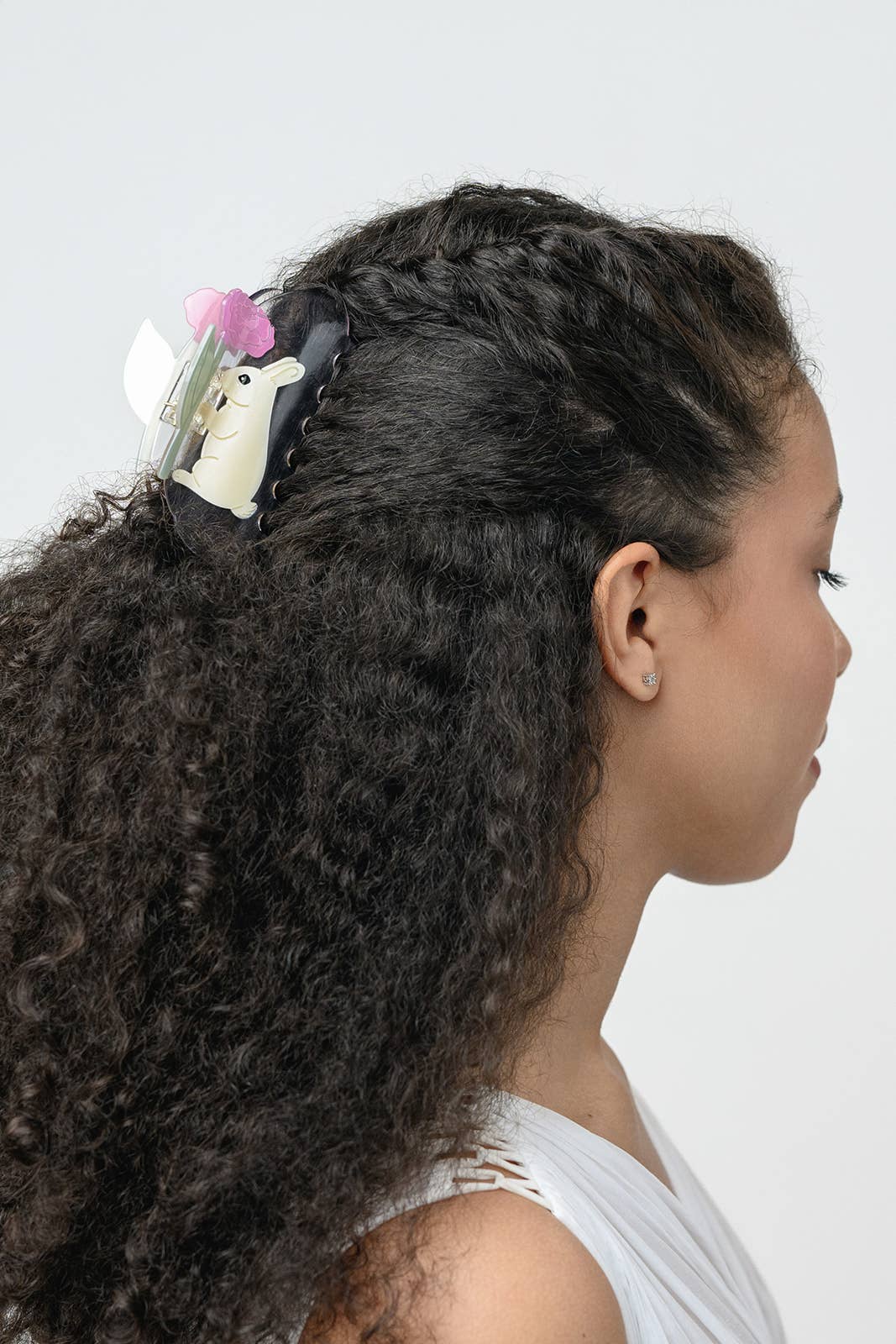 Cream Bunny Rabbit with Pink Peony Flower Acetate Hair Claw - Lalka Beauty Co.