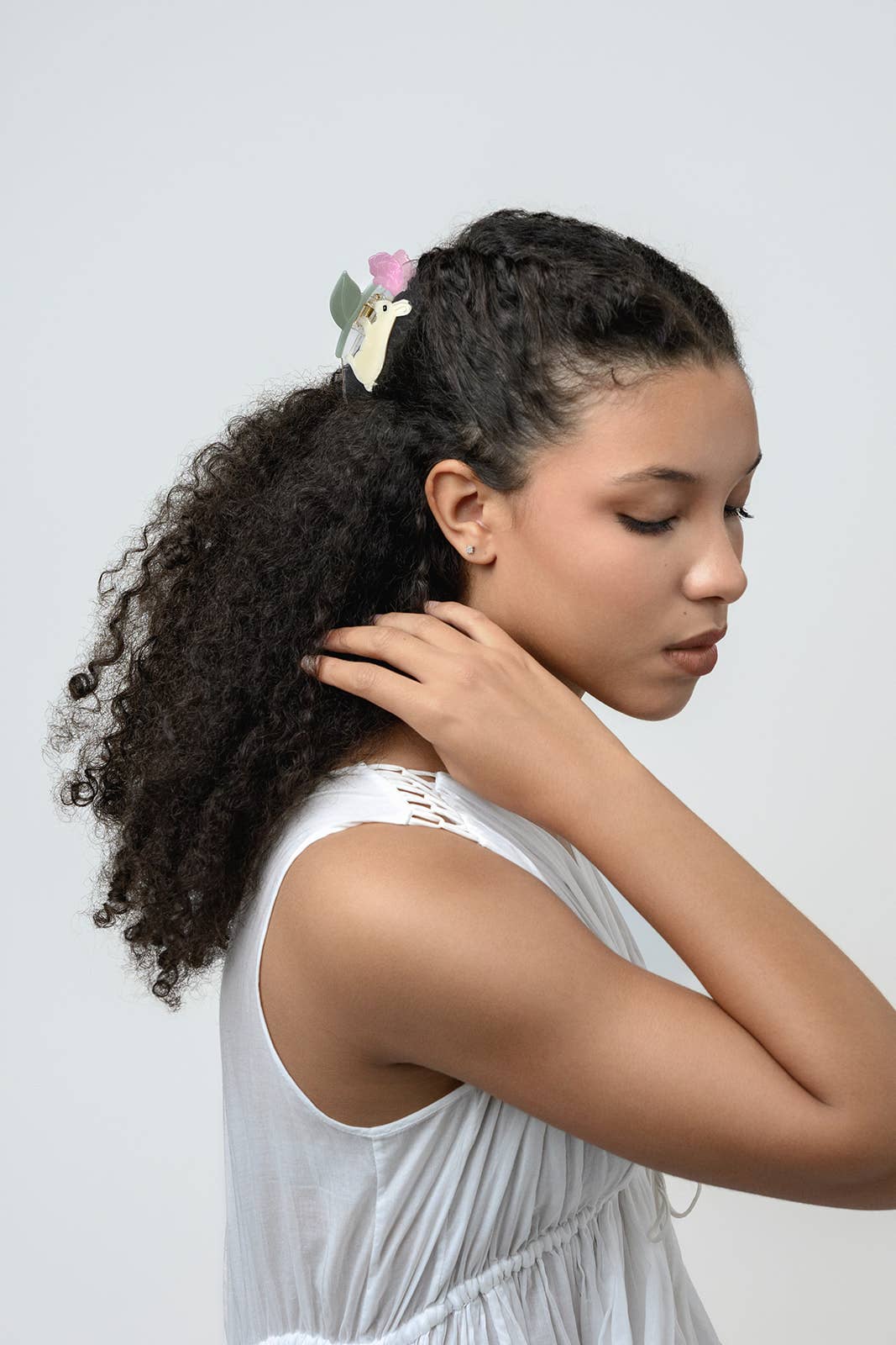 Cream Bunny Rabbit with Pink Peony Flower Acetate Hair Claw - Lalka Beauty Co.