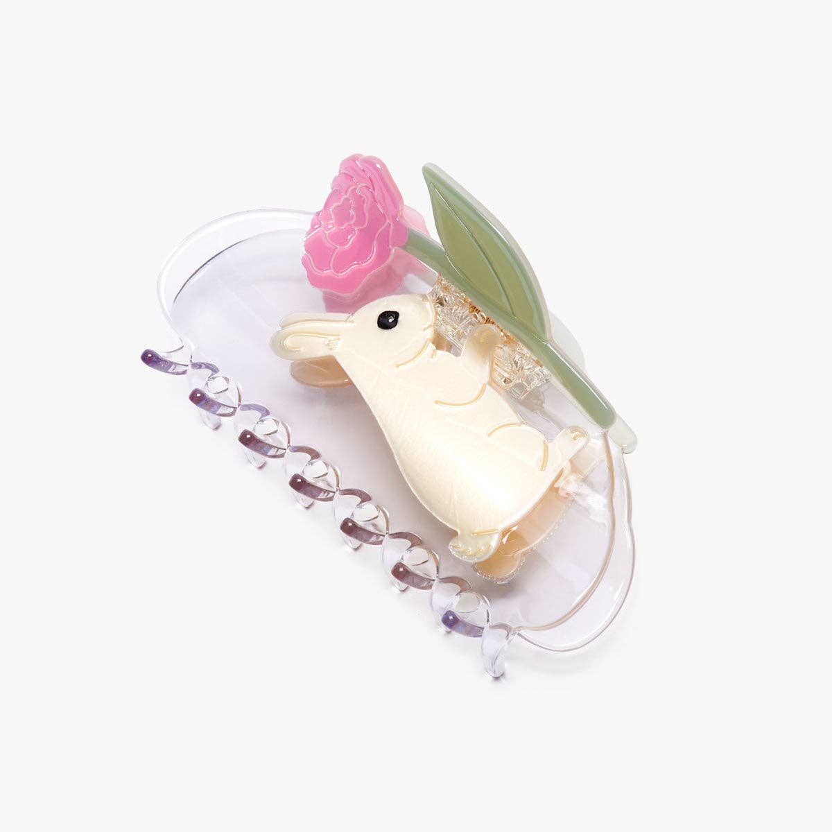 Cream Bunny Rabbit with Pink Peony Flower Acetate Hair Claw - Lalka Beauty Co.