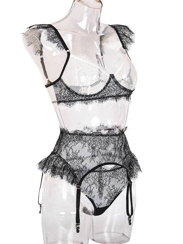 Black and White Lace Lingerie 3 piece set with garter belt bridal, date night, boudoir