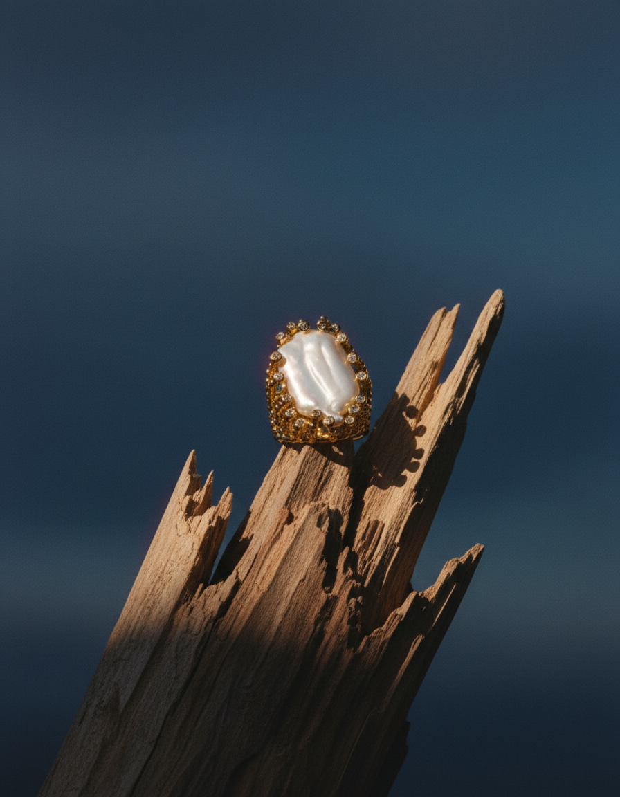 Baroque Pearl filigree gold ring statement piece