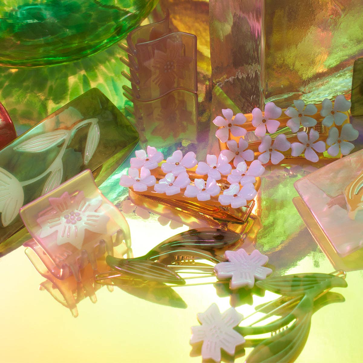 Flower Alligator Hair Clip in Light Blue and Gold Acetate - Lalka Beauty Co.