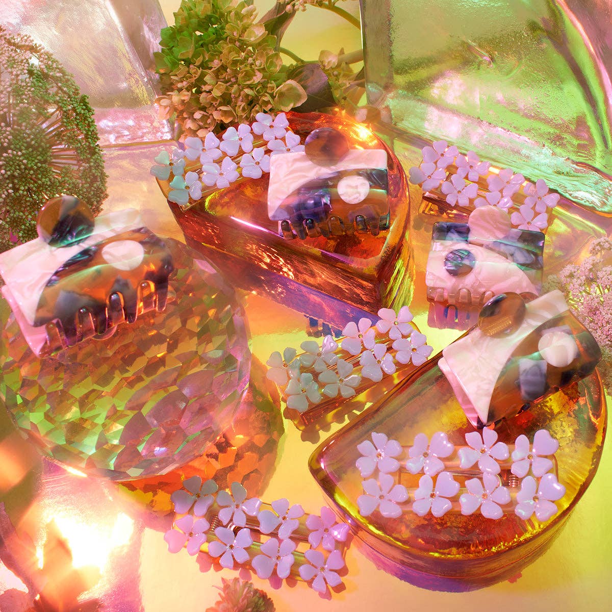 Flower Alligator Hair Clip in Light Blue and Gold Acetate - Lalka Beauty Co.