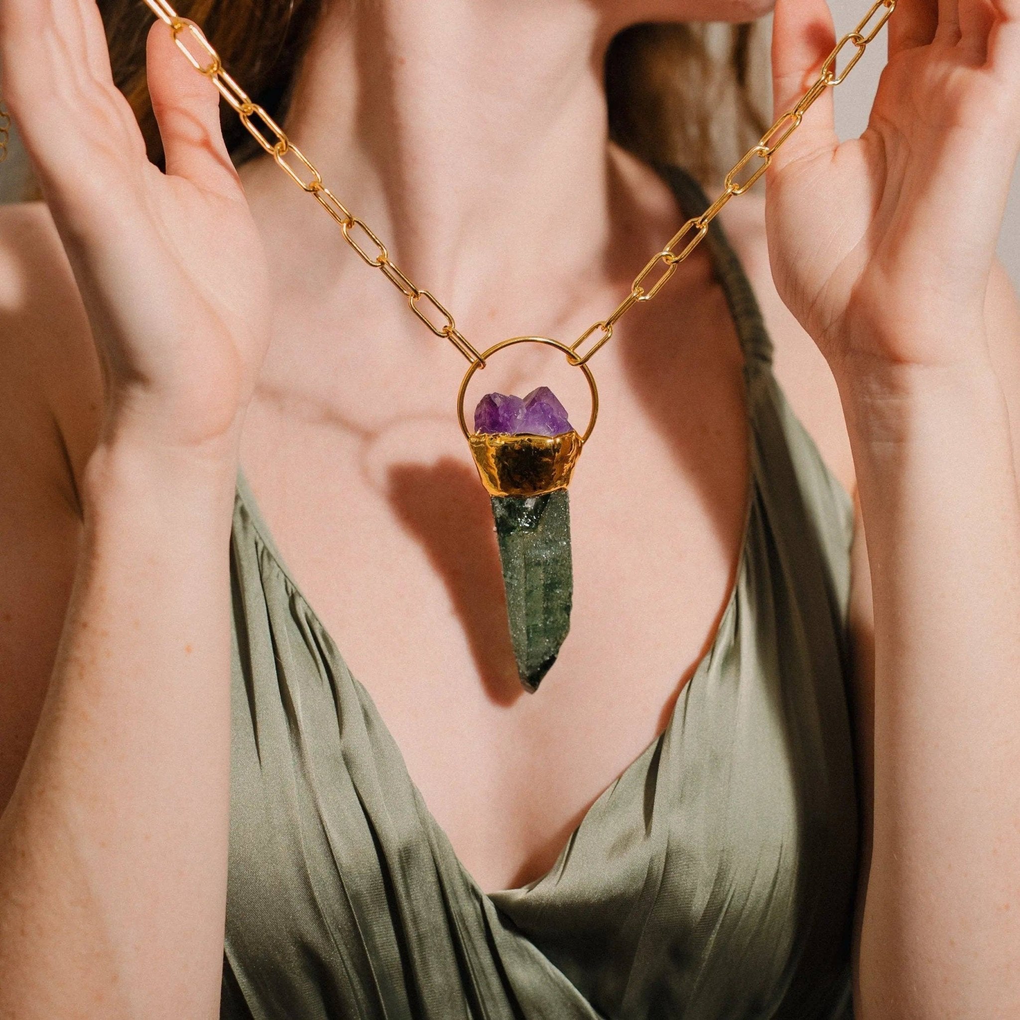 Fluorite and Amethyst pendant gold chain necklace - Lalka Beauty Co.