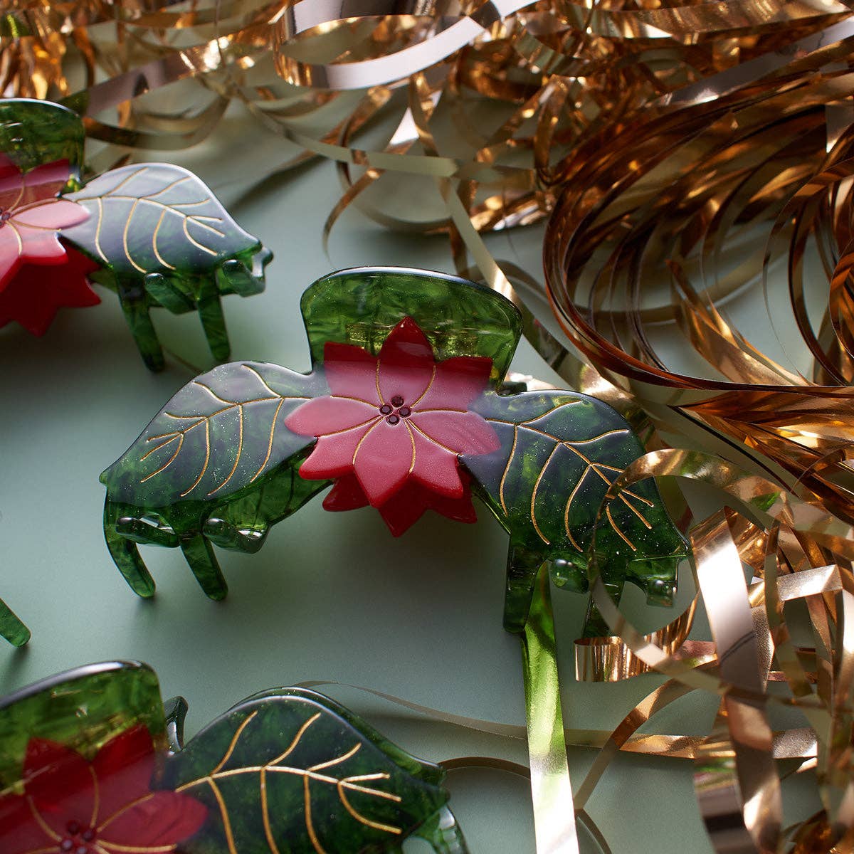 Poinsettia Red and Green Acetate Christmas Flower Hair Claw - Lalka Beauty Co.