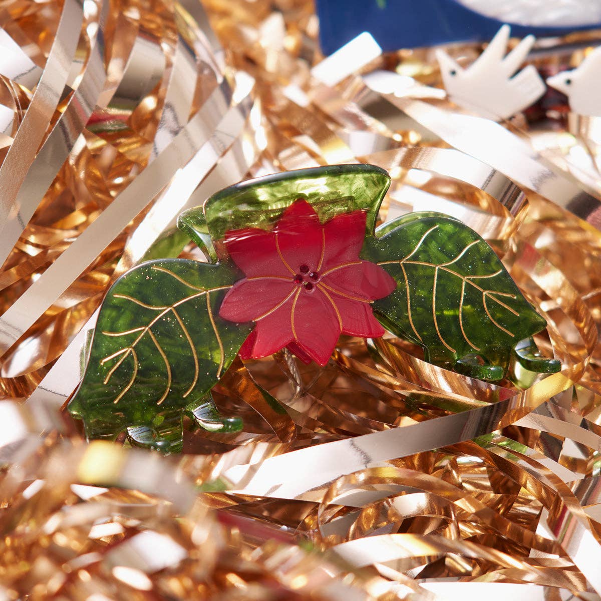 Poinsettia Red and Green Acetate Christmas Flower Hair Claw - Lalka Beauty Co.