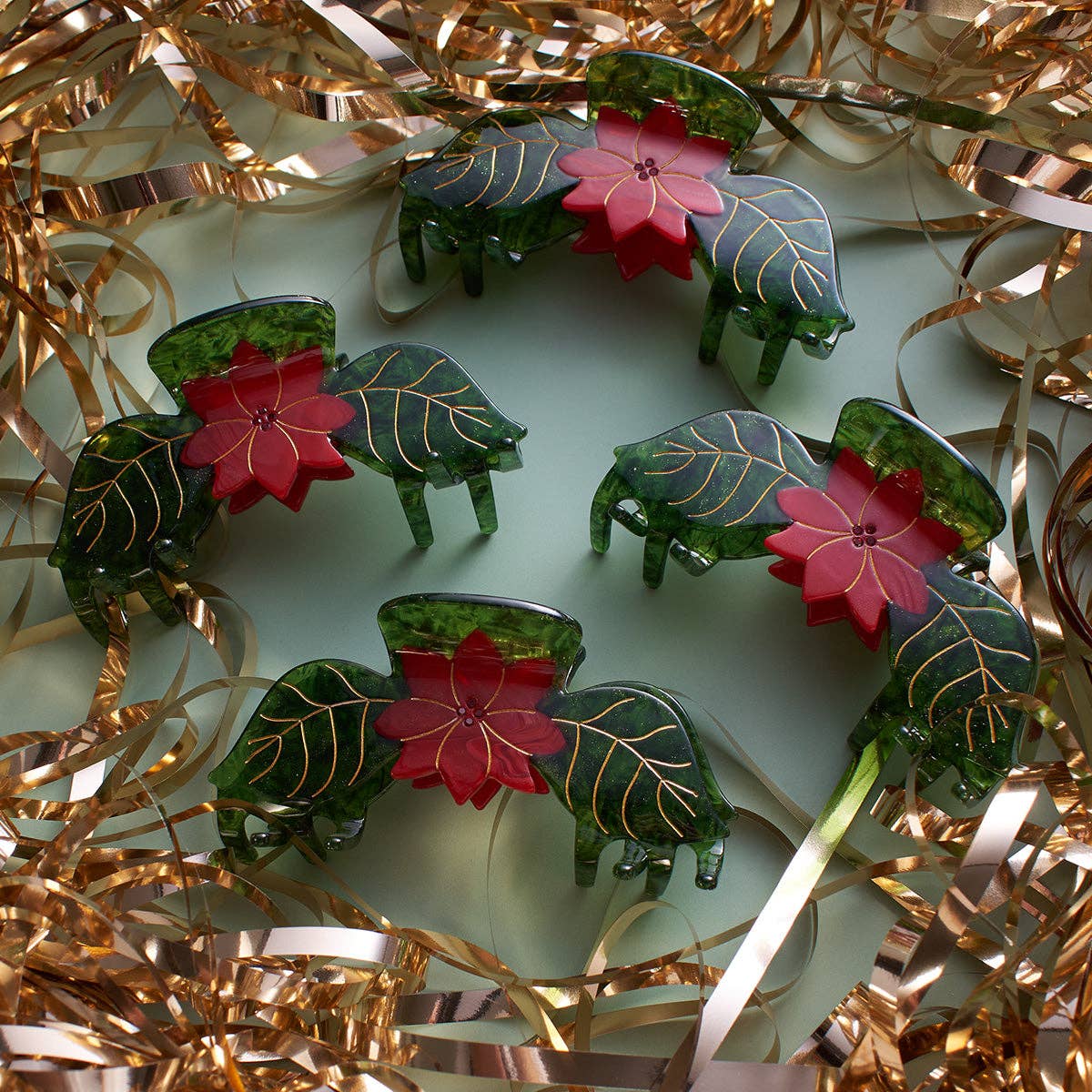Poinsettia Red and Green Acetate Christmas Flower Hair Claw - Lalka Beauty Co.