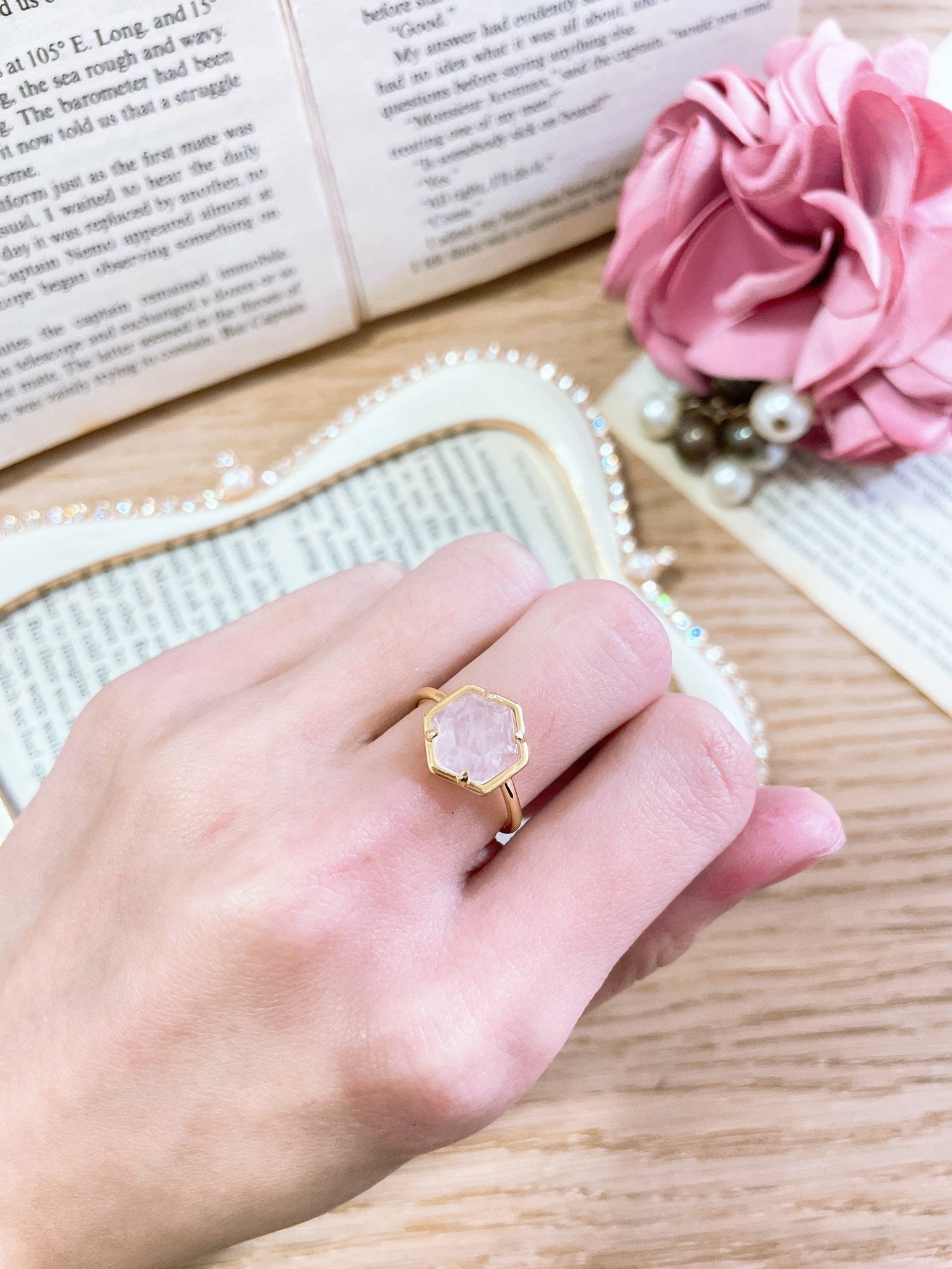 Rose Quartz Hexagon Ring - GF - Lalka Beauty Co.